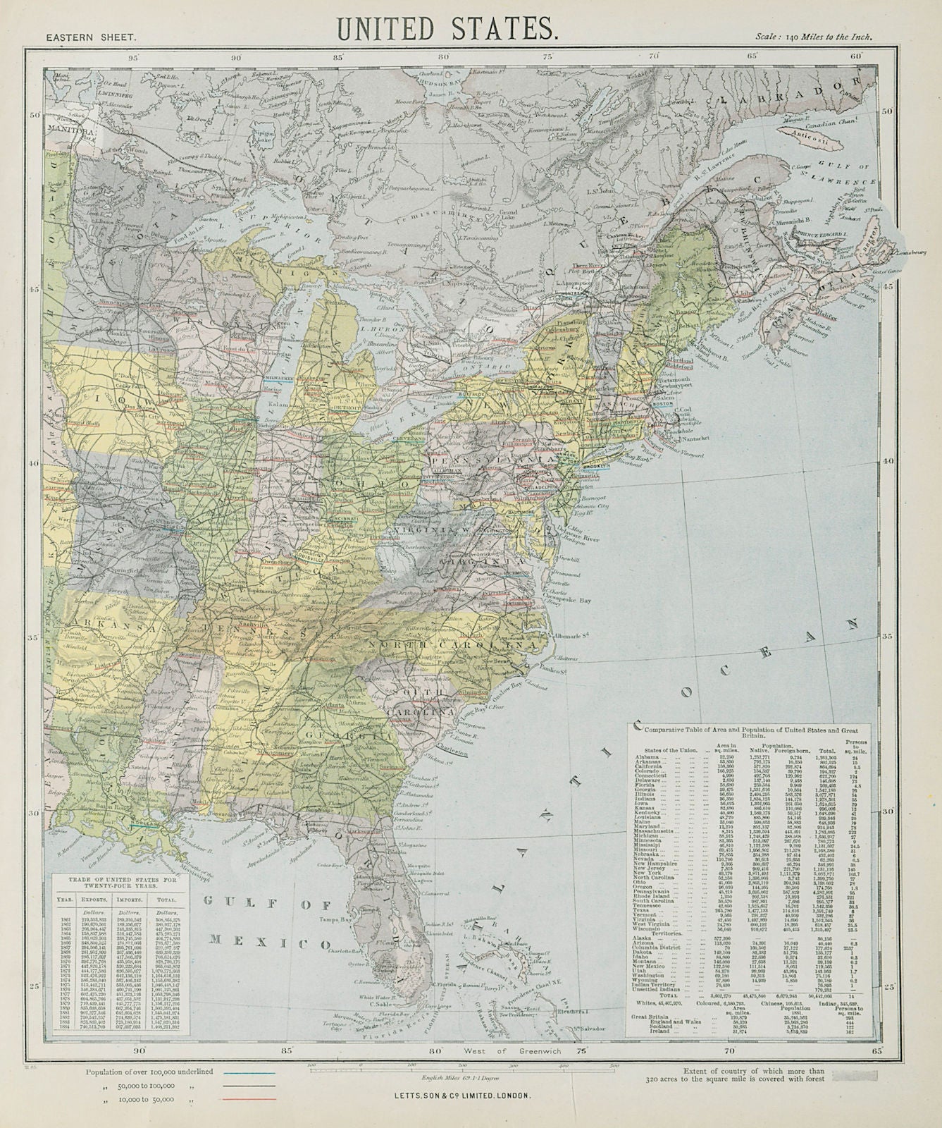 EASTERN UNITED STATES. Railroads. Population table. LETTS 1884 old antique map